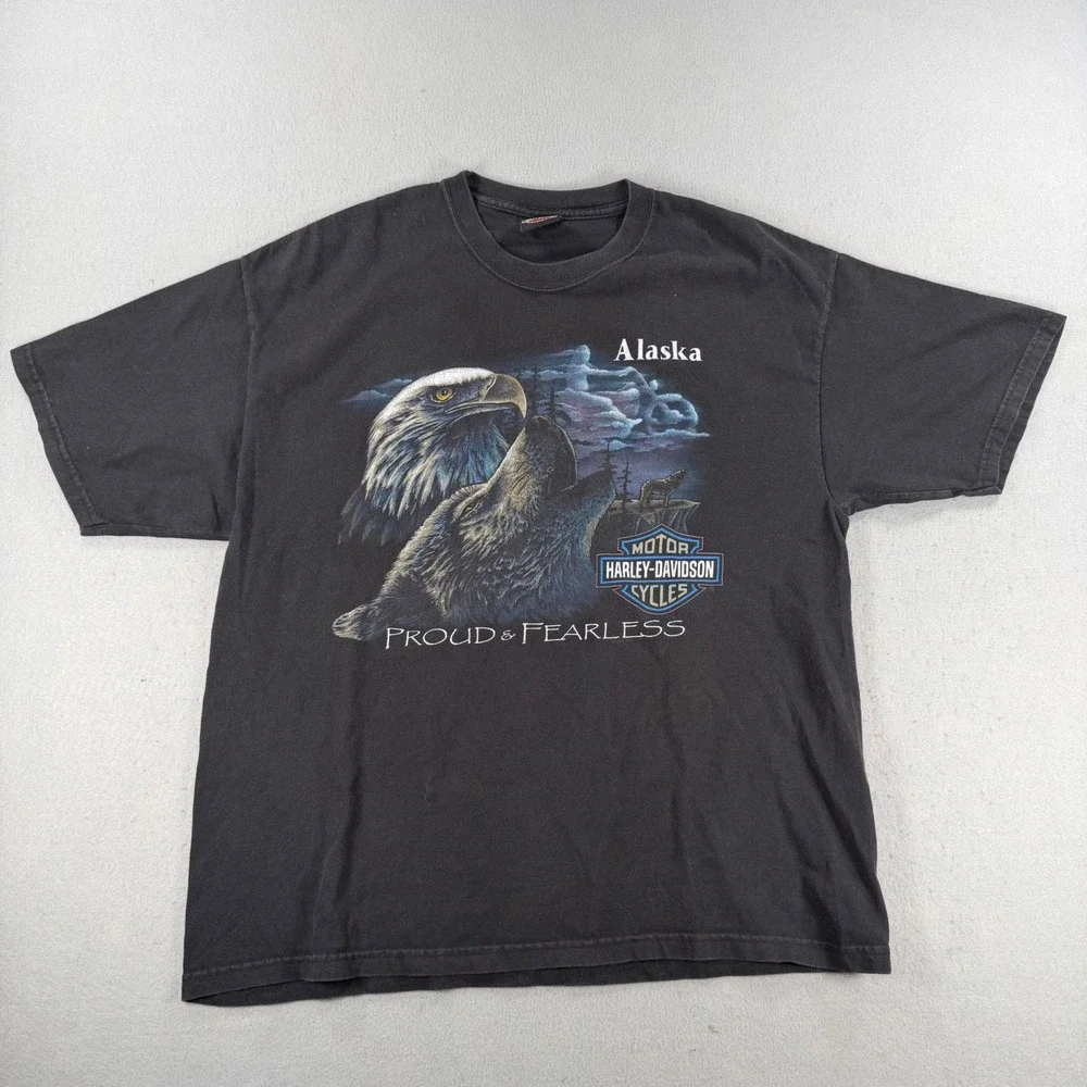 Vintage Harley Davidson Alaska T Shirt Mens XL Black Eagle Wolf Kenai Peninsula